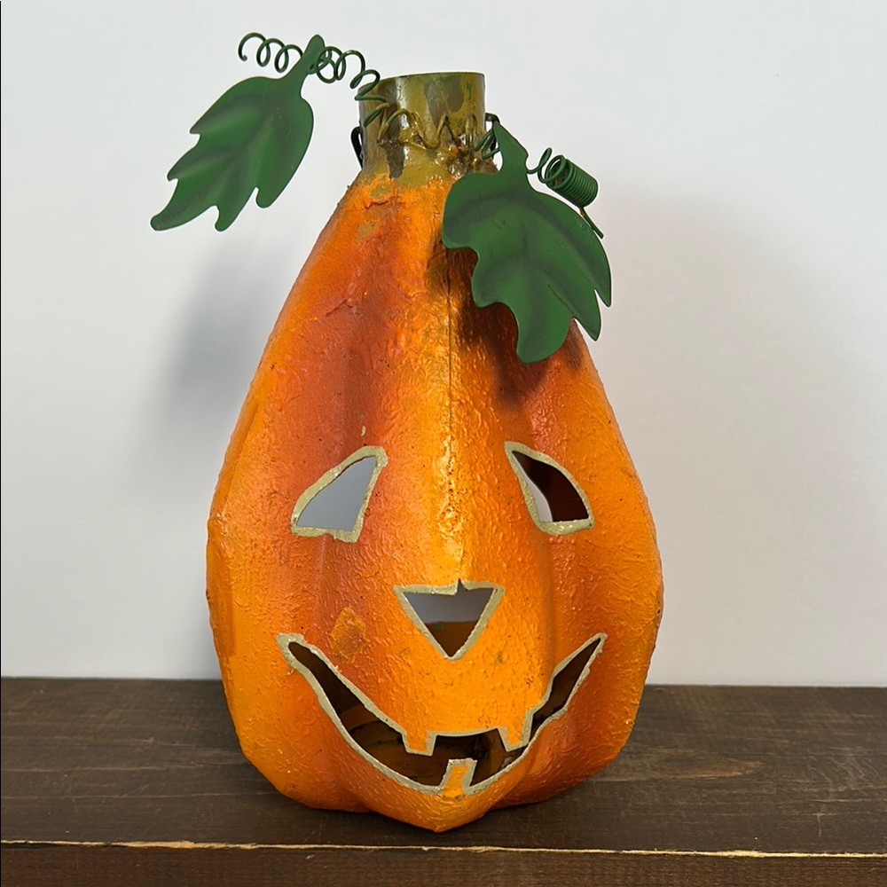 Vintage Metal Halloween Jack O’ Lantern Pumpkin 9” Tall Hanging Candle Holder